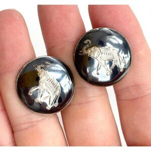 Siam Sterling Elephant Figural Nielloware Enamel Vintage Polished Cufflinks